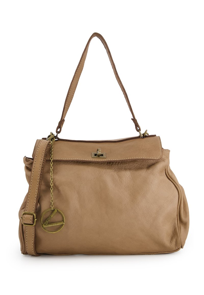 Tan leather handbag with a structured shape, short and long straps, rounded edges, and a chain accent with a circular logo.