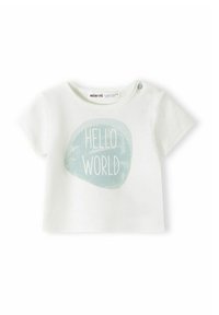 Vit barn-T-shirt med korta ärmar som har en ljusblå cirkulär grafik med texten "HELLO WORLD" i fetstil, vita bokstäver.
