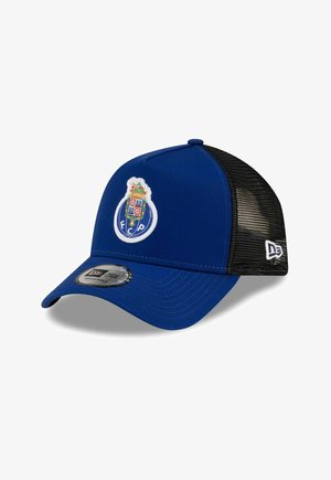 Blau-schwarze Mesh-Baseballkappe mit FC Porto Wappen auf der Vorderseite und New Era Logo an der Seite, verstellbare Passform mit gebogenem Schirm.