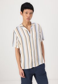 Short-sleeve, button-up shirt featuring vertical stripes in light blue, cream, and black. Made from a smooth, lightweight fabric.