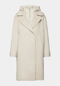 Abrigo de mezcla de lana beige, de longitud a la rodilla, con solapa ancha, capucha y dos bolsillos laterales. Presenta un diseño de doble capa con cierre de cremallera.