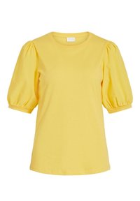 Żółta krótka koszulka z krótkim rękawem, wykonana z miękkiego materiału; ma okrągły dekolt i bufiaste rękawy, co zapewnia luźny krój.