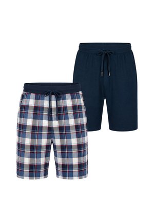 Twee paar herenshorts met een taillekoord, één effen marineblauw en één in een blauw, wit en rood geruit patroon.