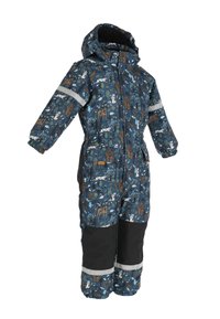 Kinderen sneeuwpak met capuchon in een blauw bosdierenprint, zwarte kniebeschermers en reflecterende banden op de mouwen en benen.