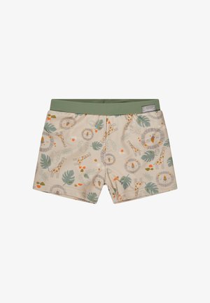 Children's beige shorts with green waistband, decorated with cartoon lions, giraffes, and green tropical leaves.