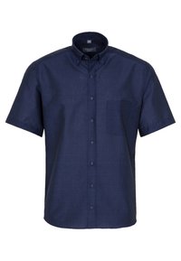 Chemise à manches courtes, boutonnée, en tissu bleu marine foncé. Elle présente un col, une poche sur la poitrine et une finition texturée subtile.