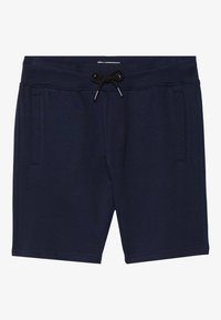 Marineblå bomullsmiks-shortser med elastisk midjebånd og justerbar snor, med to sidelommer og en glatt tekstur.