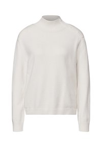 Witte coltrui met geribde hals en manchetten, met een zachte textuur en een relaxte pasvorm. Minimalistisch ontwerp, zonder patronen of versieringen.