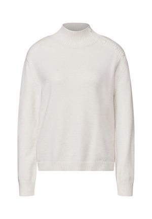 Pull à col roulé blanc avec un col et des poignets côtelés, doté d'une texture douce et d'une coupe décontractée. Design minimaliste, sans motifs ni embellissements.