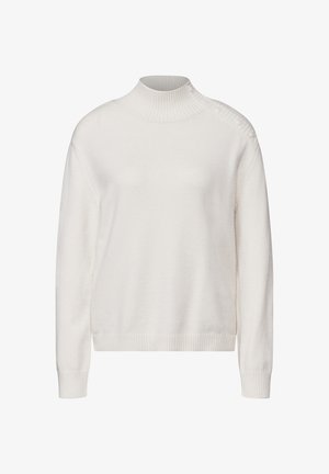 Bílý rolák s ribbovaným výstřihem a manžetami, s měkkou texturou a volným střihem. Minimalistický design, bez vzorů nebo ozdob.