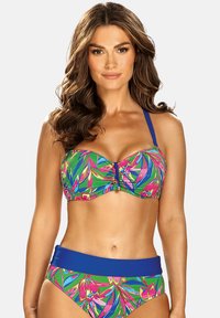 Bikini z jaskrawym, tropikalnym wzorem kwiatowym w zielonym, różowym i niebieskim kolorze; usztywniony top z fiszbinami, regulowane ramiączka i szeroki pas.