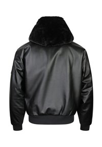 Blouson en cuir noir avec un col en fourrure noire épaisse et douce, poignets et taille côtelés, vu de dos.