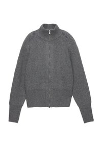 Grau gerippter Strickpullover mit hohem Kragen und durchgehendem Reißverschluss. Verfügt über Raglanärmel und strukturierte Stoffe.