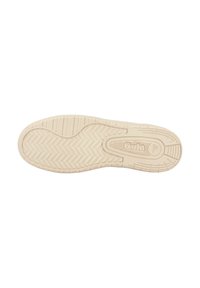 Shoe sole in light cream with herringbone tread pattern. Features a logo at the center, designed for traction and stability.