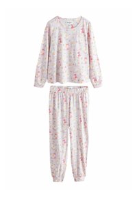 Lichtroze pyjama set met lange mouwen en een broek met elastische taille, versierd met speelse illustraties van dieren en fantasievolle ontwerpen.