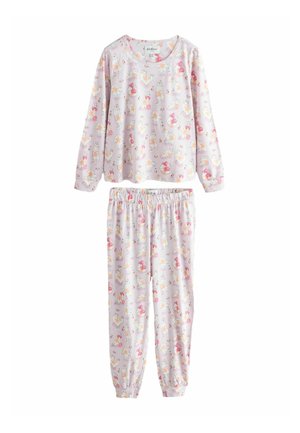 Lichtroze pyjama set met lange mouwen en een broek met elastische taille, versierd met speelse illustraties van dieren en fantasievolle ontwerpen.