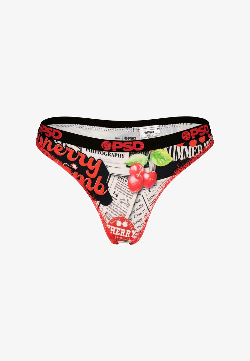 String rouge avec une taille noire portant le logo "PSD". Le tissu présente un motif de cerises et de journaux, ajoutant des détails remarquables.