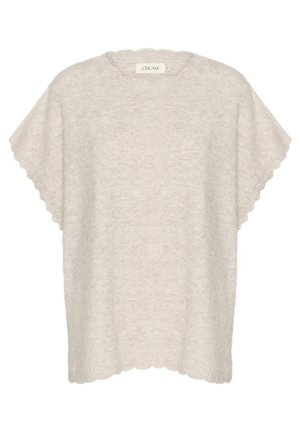 Lichtgrijze, zachte gebreide pullover met een gekartelde zoom en brede mouwen. Etiket zegt "CREAM." Gladde textuur, relaxte pasvorm.
