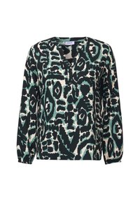 Blouse à manches longues avec fermeture à boutons, présentant un motif abstrait noir, teal et crème. Design en V dans un tissu léger.