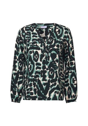 Button-up-Bluse mit einem abstrakten Muster in Schwarz, Teal und Creme. Lange Ärmel und ein V-Ausschnitt aus leichtem Stoff.