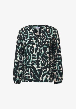 Button-up-Bluse mit einem abstrakten Muster in Schwarz, Teal und Creme. Lange Ärmel und ein V-Ausschnitt aus leichtem Stoff.