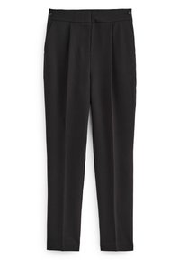 Zwarte broek met een zachte textuur, voorzien van een getailleerd ontwerp, plooien aan de voorkant en twee zijzakken. Knopen sluiting op de taille.