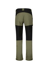 Pantalones estilo cargo con un diseño bicolor en paneles verde oliva y negro, hechos de tejido duradero, con cierres a presión en los tobillos.