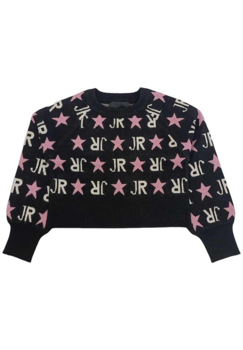 Maglione corto nero con stelle rosa e lettering "JR". Tessuto a maglia con colletto e polsini a coste.