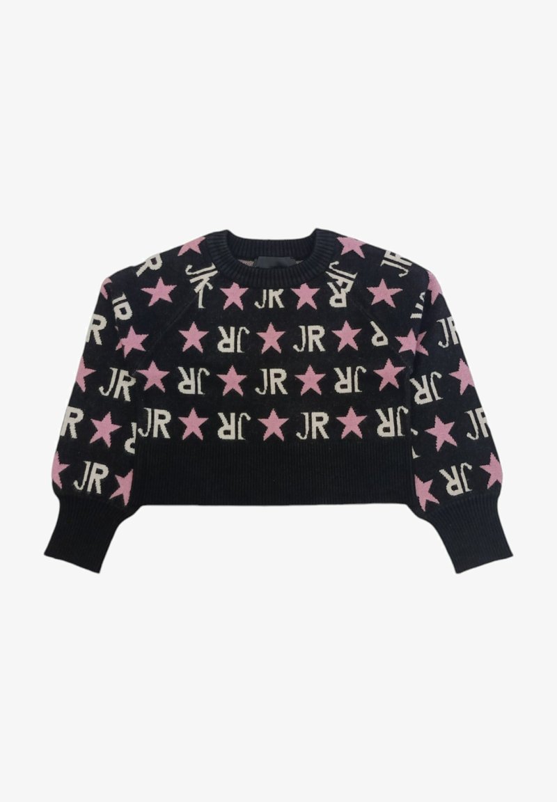 Maglione corto nero con stelle rosa e lettering "JR". Tessuto a maglia con colletto e polsini a coste.