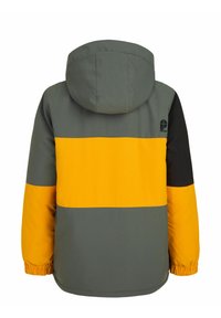 Giacca a blocchi di colore con pannelli grigi, gialli e neri. Materiale in poliestere con cappuccio e polsini elasticizzati. Logo applicato sulla schiena.