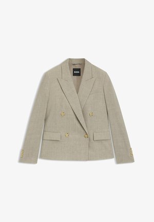 Beiger zweireihiger Blazer mit gekerbtem Revers, vier vorderen Knöpfen, zwei Pattentaschen und geknöpften Manschetten, flach liegend.