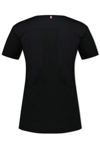 Black short-sleeve top with a smooth texture. Features a rounded neckline and a small French flag accent at the back.