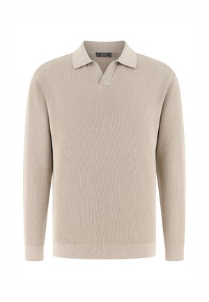 Beiger, gerippter Pullover mit langen Ärmeln, offenem V-Ausschnitt und Kragen, aus Strickstoff gefertigt.