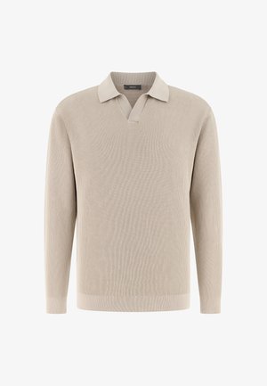 Beiger, gerippter Pullover mit langen Ärmeln, offenem V-Ausschnitt und Kragen, aus Strickstoff gefertigt.