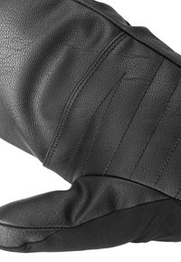 Black leather glove with textured finish, curved shape, and reinforced seams. Features a soft interior lining for comfort.