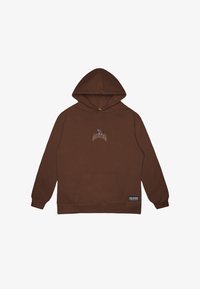 Felpa con cappuccio marrone realizzata in tessuto morbido, con tasca a marsupio e logo ricamato sul petto. Progettata con polsini a coste.