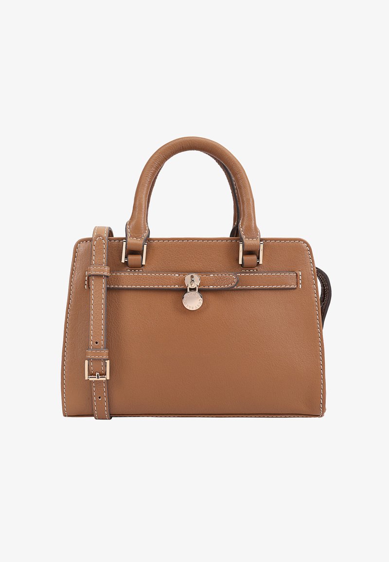 Sac à main en cuir marron avec une forme structurée, deux poignées supérieures et une bandoulière amovible. Présente des coutures blanches et un fermoir en argent.