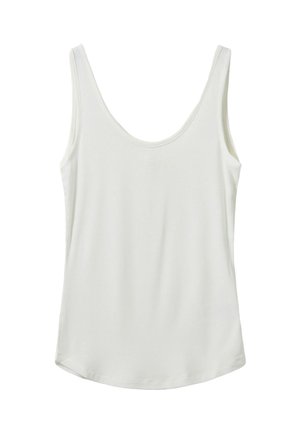 Top de bumbac alb cu bretele subțiri și decolteu rotund. Fabricat dintr-un material moale, cu o textură netedă. Marginea inferioară are o formă rotunjită.