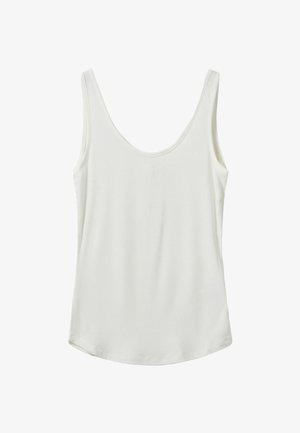 Top sin mangas de color blanco con textura acanalada, que presenta un escote redondeado y tirantes finos. Fabricado con un tejido suave y de textura lisa. Con dobladillo redondeado en la parte inferior.