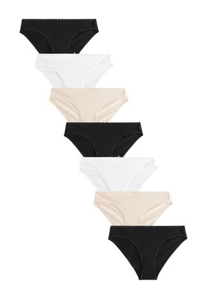 Sept dessous bikini pour femmes en noir, blanc et beige, disposés en deux rangées diagonales sur un fond blanc.