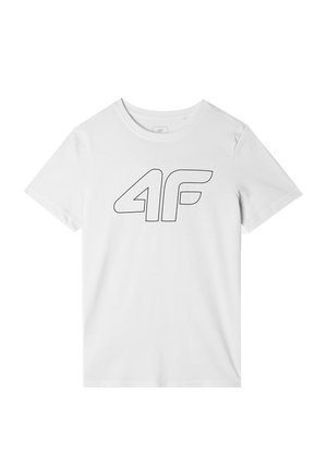 Biała koszulka z krótkim rękawem, okrągłym dekoltem i wyraźnym, czarnym obrysem logo "4F" na środku przodu.