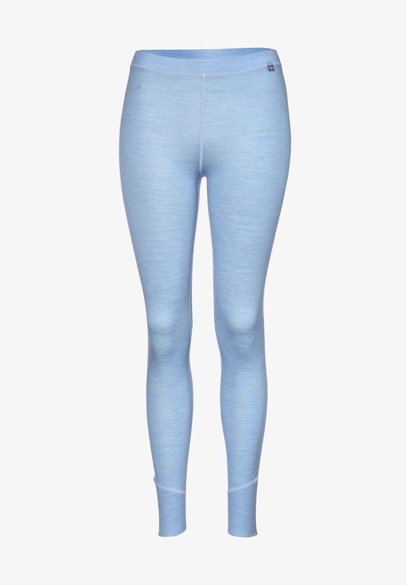 Lyseblå leggings lavet af et blødt, strækbart materiale. Har en glat tekstur, smal talje og diskrete syninger.