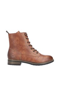 Braune Leder-Ankle Boots mit runder Zehenform, Schnürdesign und goldenen Ösen. Sie haben einen niedrigen Absatz und gestickte Akzente.