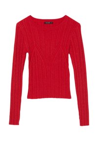 Top lungo a maniche lunghe rosso a coste con scollo ampio, caratterizzato da linee verticali testurizzate e una silhouette aderente. L'etichetta recita "CALLIOPE."