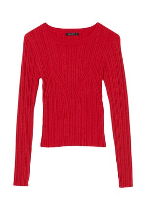 Top lungo a maniche lunghe rosso a coste con scollo ampio, caratterizzato da linee verticali testurizzate e una silhouette aderente. L'etichetta recita "CALLIOPE."