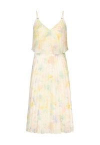Abito midi floreale con design a strati e plissettato. Realizzato in tessuto leggero in colori pastello, con spalline sottili e accenti delicati.