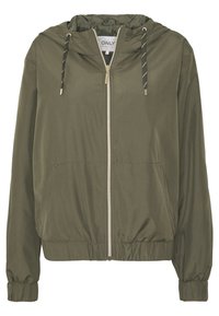 Giacca leggera verde oliva con zip e cappuccio, polsi e vita elasticizzati. Presenta lacci neri e bianchi e tasche laterali.