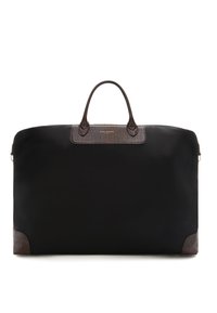 Schwarze Nylon-Duffel-Tasche mit braunen Krokodilprägungen aus Leder. Verfügt über eine strukturierte Form und zwei obere Griffe für einfachen Transport.