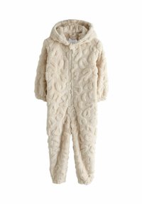 Tuta in pile di un beige chiaro con un motivo testurizzato e in rilievo. Presenta un cappuccio, una zip completa e polsini e caviglie elasticizzati.