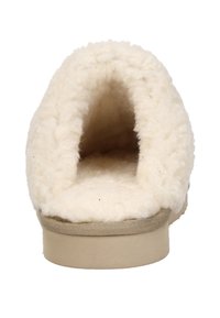 Witte faux fur slippers met een beige zool en bies; open achterkant ontwerp en een zachte, textuurrijke binnenkant voor comfort.